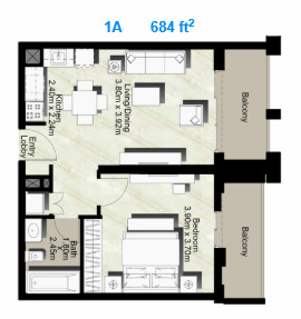 Planning of the apartment 1BR, 684 ft2 in Canal Residence West, Dubai