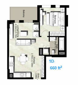 Planning of the apartment 1BR, 660 ft2 in Canal Residence West, Dubai