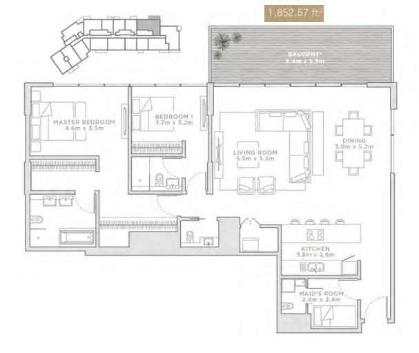 Planning of the apartment 2BR, 1852.57 ft2 in La Reserve Residences, Dubai