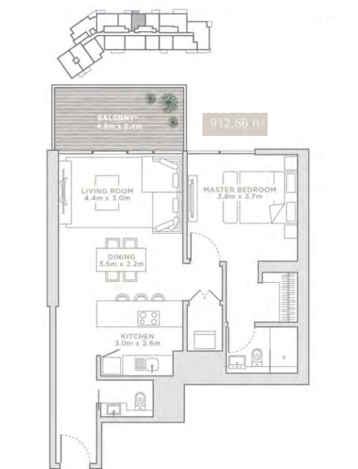 Planning of the apartment Studios, 912.56 ft2 in La Reserve Residences, Dubai