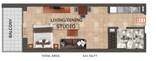 Planning of the apartment Studios, 521 ft2 in Al Haseen Residences, Dubai