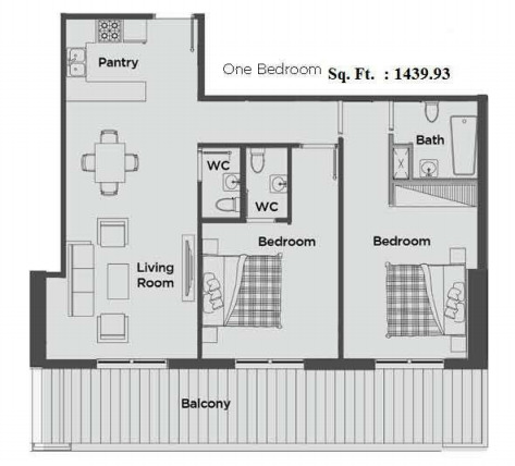 Planning of the apartment 1BR, 1439.93 ft2 in Artistic Heights, Dubai