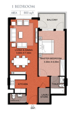 Floor plan of a 1BR, 800 ft2 in Queue Point Apartments, Dubai