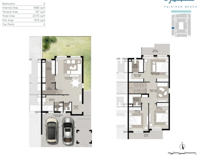 Floor plan of a Townhouses 3BR, 2076 ft2 in Fujairah Beach, Fujairah
