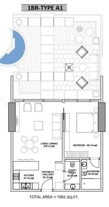 Floor plan of a 1BR, 1593 ft2 in Hameni Homes by Zaya, Dubai