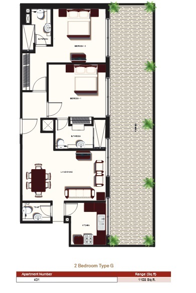Planning of the apartment 2BR, 1108 ft2 in Prime Views, Dubai