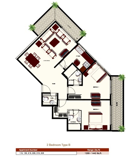 Planning of the apartment 2BR, 1299 ft2 in Prime Views, Dubai