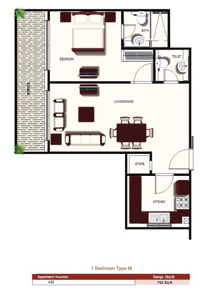Planning of the apartment 1BR, 792 ft2 in Prime Views, Dubai