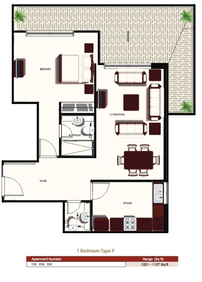Planning of the apartment 1BR, 1001 ft2 in Prime Views, Dubai