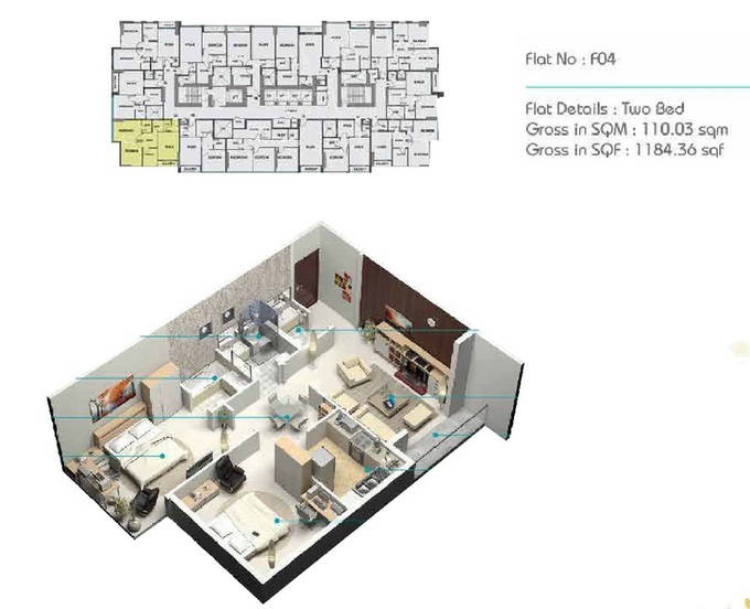 Planning of the apartment 2BR, 1184.36 ft2 in Smart Tower 2, Sharjah