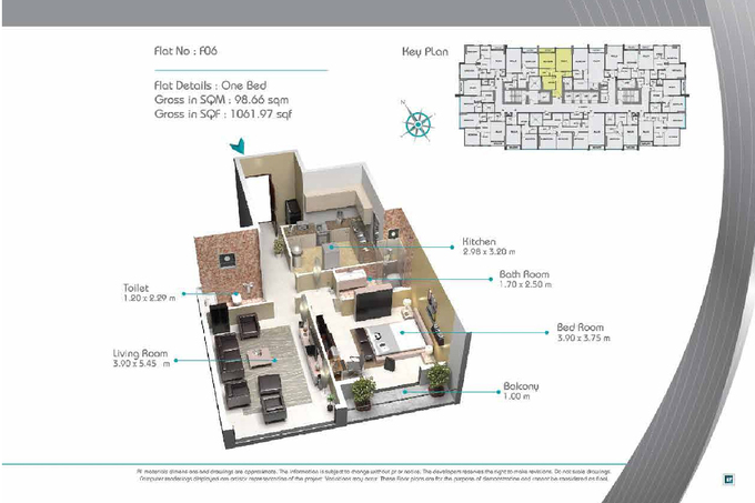 Planning of the apartment 1BR, 1061.97 ft2 in Smart Tower 2, Sharjah