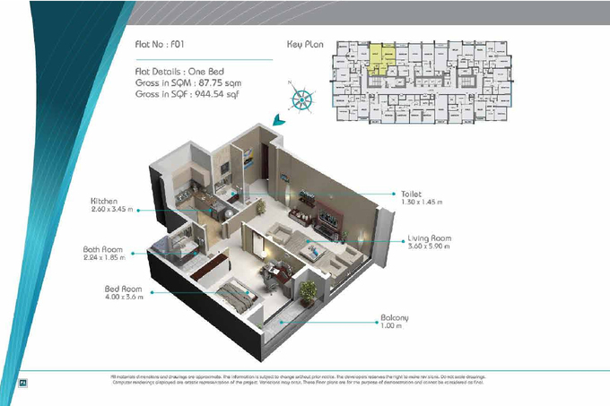 Planning of the apartment 1BR, 944.54 ft2 in Smart Tower 2, Sharjah