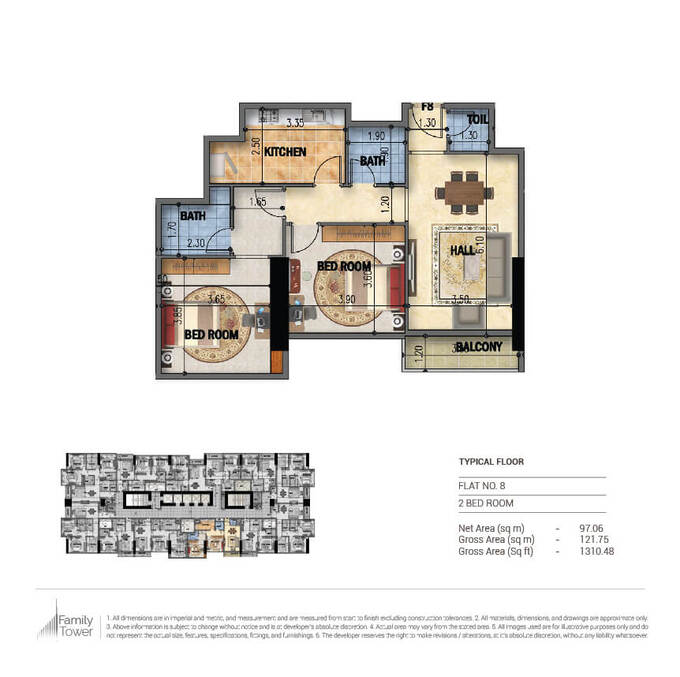 Planning of the apartment 2BR, 1310.48 ft2 in Family Tower, Sharjah