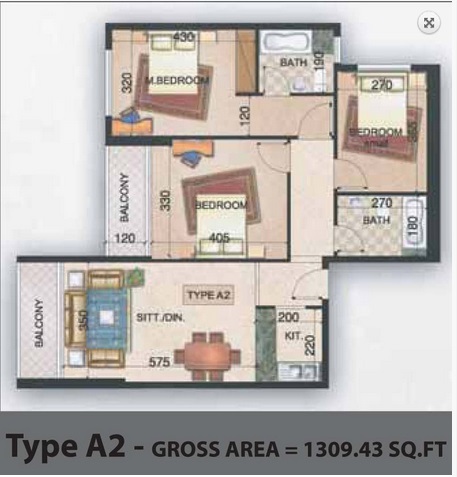 Planning of the apartment 3BR, 1309.43 ft2 in Paradise Lakes Towers Emirates City, Ajman