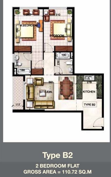 Planning of the apartment 2BR, 1191.78 ft2 in Paradise Lakes Towers Emirates City, Ajman