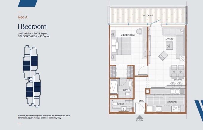 Planning of the apartment 1BR, 761.55 ft2 in Gateway Residences, Ras Al Khaimah