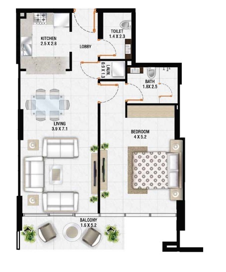Floor plan of a 1BR, 930.86 ft2 in Al Sayyah Residence, Dubai