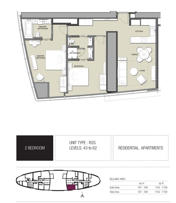 Planning of the apartment 2BR, 1152 ft2 in The Address Jumeirah Resort & Spa, Dubai