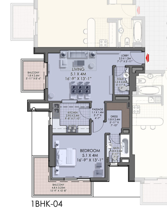 Planning of the apartment 1BR, 861 ft2 in Eagle Heights, Dubai