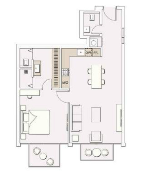 Planning of the apartment 1BR, 760 ft2 in Signature Livings, Dubai