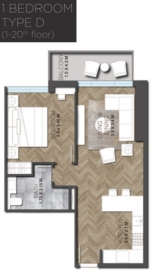 Planning of the apartment 1BR, 673.6 ft2 in IGO 101, Dubai