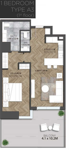 Planning of the apartment 1BR, 973.36 ft2 in IGO 101, Dubai