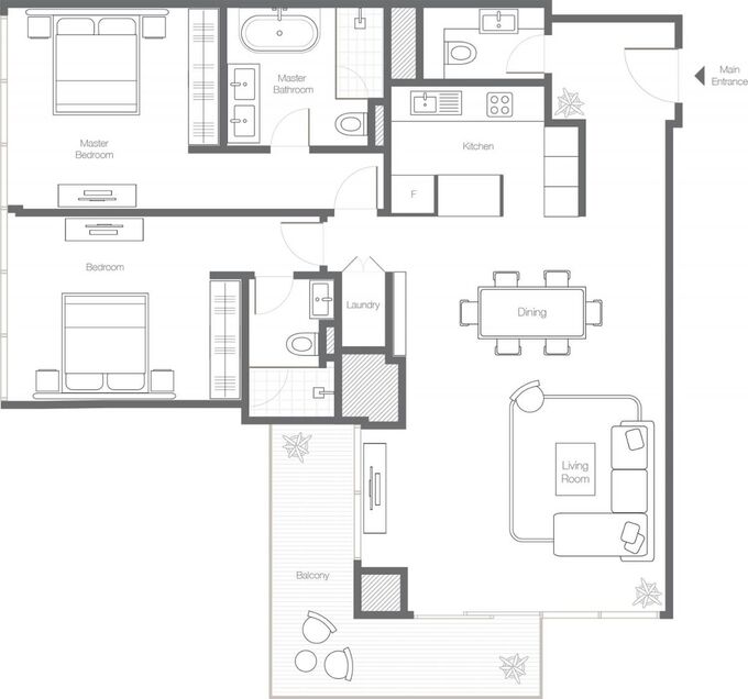 Planning of the apartment 2BR, 1458 ft2 in Banyan Tree Residences, Dubai