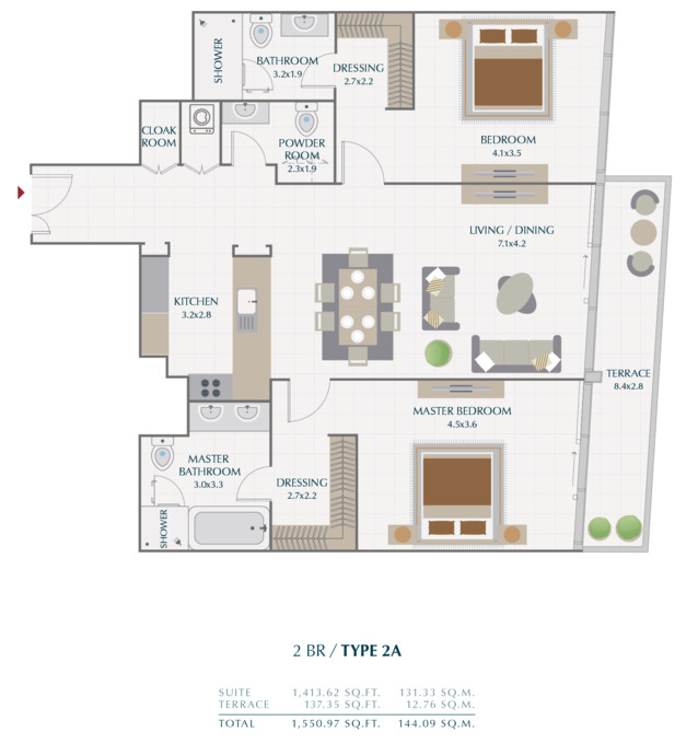 Planning of the apartment 2BR, 1550.97 ft2 in Park Gate Residences, Dubai