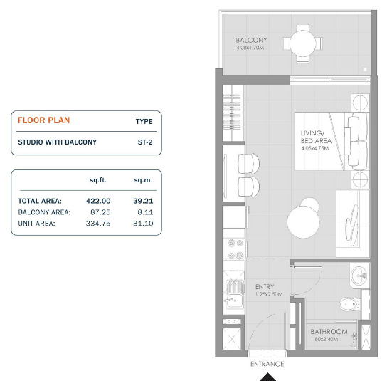 Floor plan of a Studios, 422 ft2 in MAG Eye Apartments, Dubai