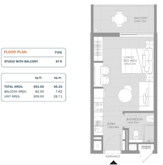 Floor plan of a Studios, 391 ft2 in MAG Eye Apartments, Dubai