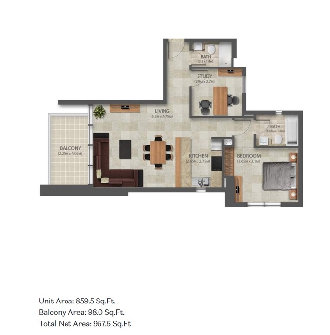 Planning of the apartment 1BR, 859.5 ft2 in Murano Residences, Dubai
