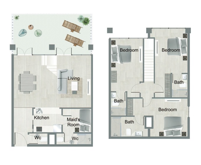 Planning of the apartment Townhouses, 1367.02 ft2 in Oasis Residences One, Abu Dhabi