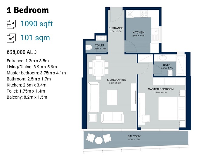 Floor plan of a 1BR, 1090 ft2 in La Plage Tower, Sharjah