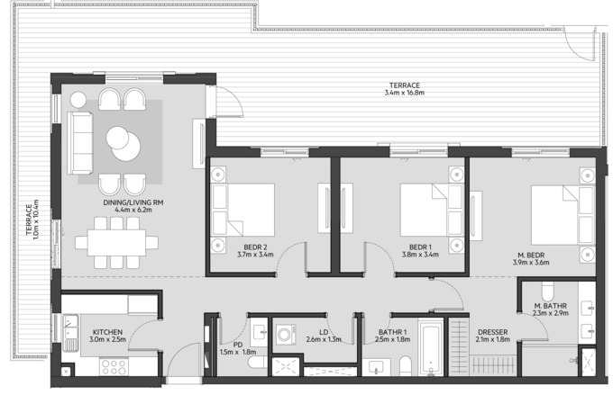 Floor plan of a 3BR, 1431 ft2 in Maryam Beach Residences, Sharjah