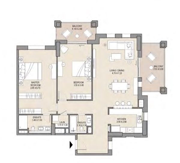 Floor plan of a 2BR, 1355 ft2 in Asayel Madinat Jumeirah Living, Dubai