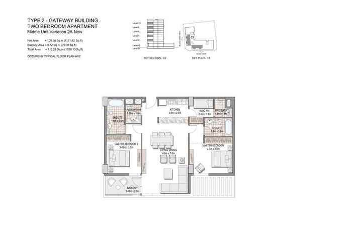 Floor plan of a 2BR, 1028.13 ft2 in The Villages, Dubai