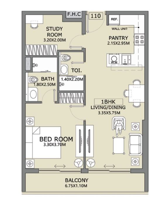 Floor plan of a 1BR, 657.67 ft2 in Lucky 1 Residences, Dubai