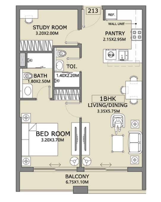 Floor plan of a 1BR, 662.94 ft2 in Lucky 1 Residences, Dubai