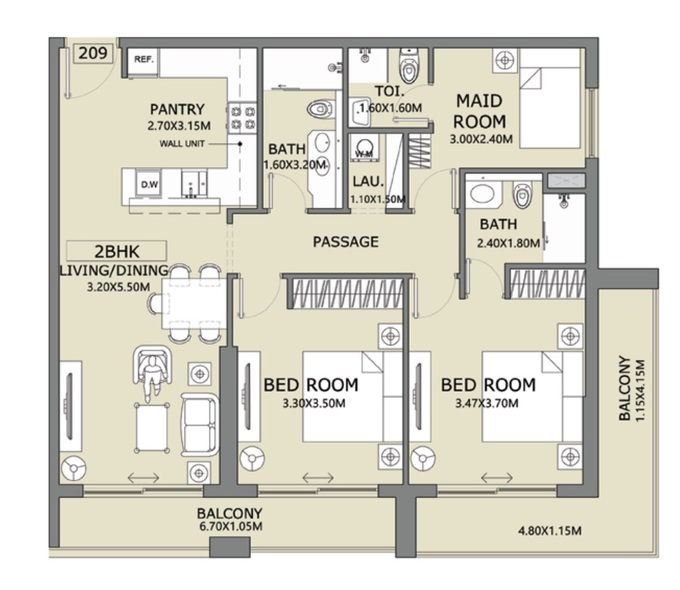 Floor plan of a 2BR, 1021.5 ft2 in Lucky 1 Residences, Dubai