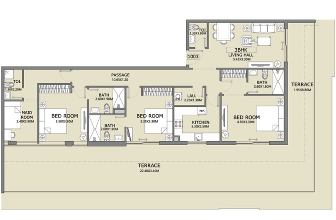 Floor plan of a 3BR, 1446.78 ft2 in Lucky 1 Residences, Dubai