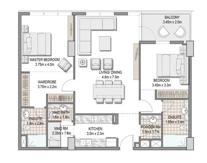 Planning of the apartment 2BR, 1181.47 ft2 in The Pulse Apartments and Townhouses, Dubai