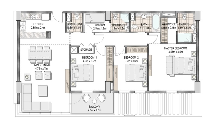 Planning of the apartment 3BR, 1484.56 ft2 in The Pulse Apartments and Townhouses, Dubai