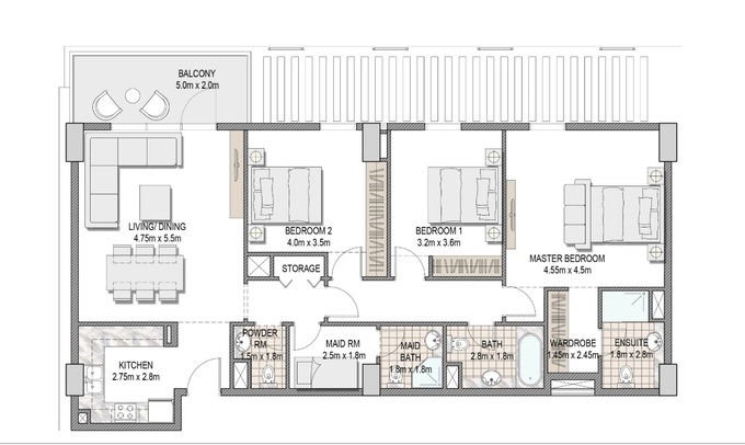 Planning of the apartment 3BR, 1402.6 ft2 in The Pulse Apartments and Townhouses, Dubai