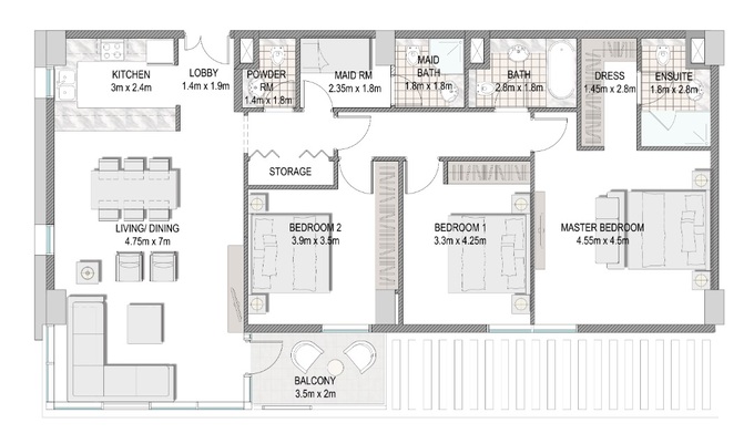 Planning of the apartment 3BR, 1507.5 ft2 in The Pulse Apartments and Townhouses, Dubai