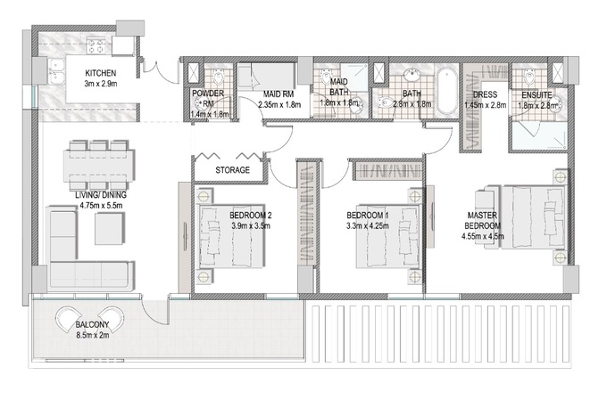 Planning of the apartment 3BR, 1432.7 ft2 in The Pulse Apartments and Townhouses, Dubai