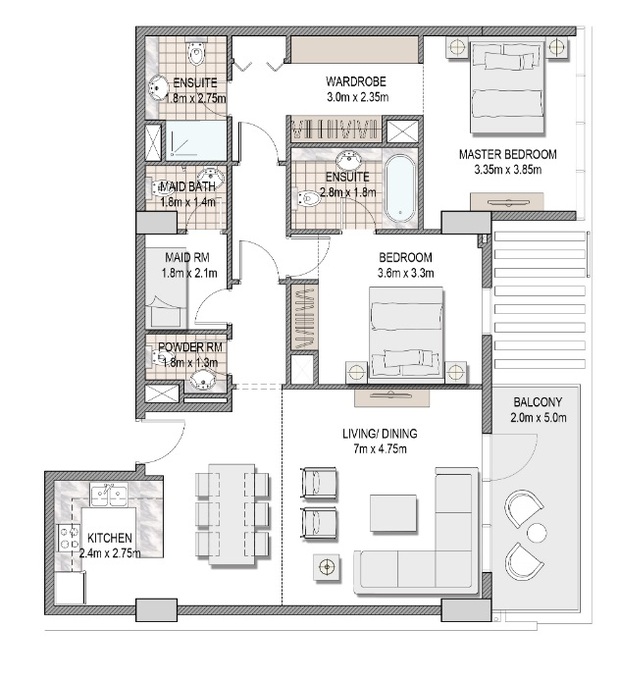 Planning of the apartment 2BR, 1174.35 ft2 in The Pulse Apartments and Townhouses, Dubai