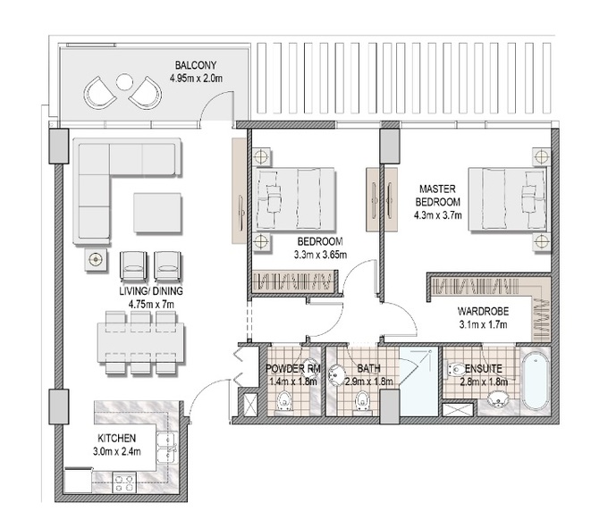 Planning of the apartment 2BR, 1100.53 ft2 in The Pulse Apartments and Townhouses, Dubai