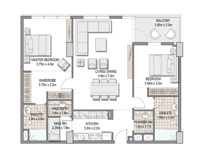 Planning of the apartment 2BR, 1183.5 ft2 in The Pulse Apartments and Townhouses, Dubai
