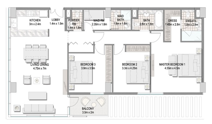 Planning of the apartment 3BR, 1408.8 ft2 in The Pulse Apartments and Townhouses, Dubai