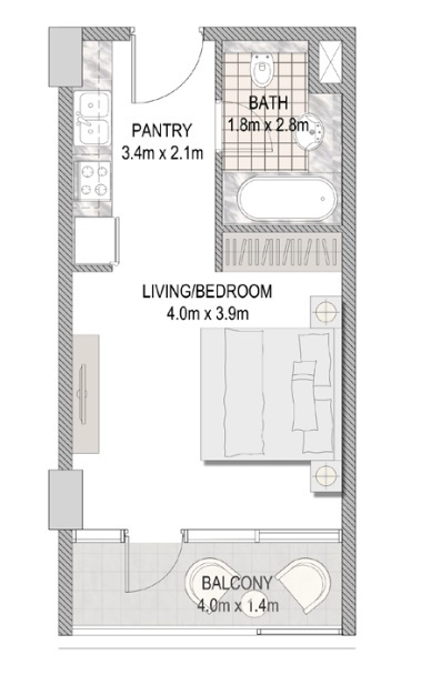 Planning of the apartment Studios, 340.25 ft2 in The Pulse Apartments and Townhouses, Dubai